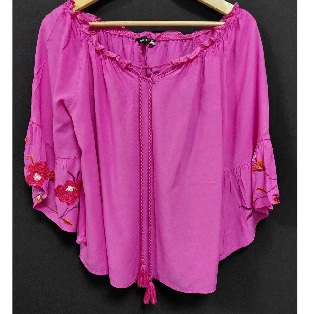 UNIQUE SPECTRUM Embroidered Rayon Top Pink Solid 3/4 Sleeve Women Size S